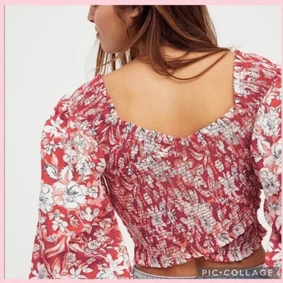 Free People Red East to West Smocked Off Shoulder Floral Crop Top EUC Size Small - Picture 2 of 12